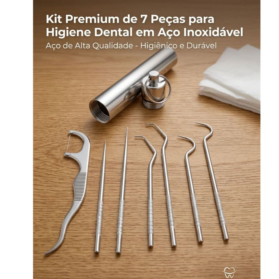 Kit 7 Pçs De Limpeza Dental em Aço Inoxidável C/ Estojo, Higiene Bucal c/ Eficácia Prático Levar na Bolsa Sorriso Bonito