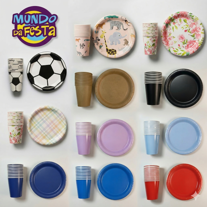 Kit Festa 60 unidades Papel Biodegradável Completo Descartável Copos Pratos Múltiplas Cores em Oferta na Shopee