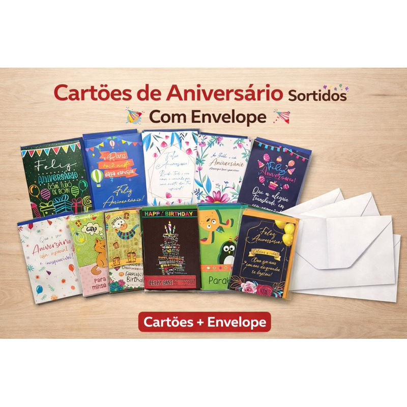Cartões de Aniversário com Envelope | Modelos Sortidos Grande e Médio | Cartela para Presente