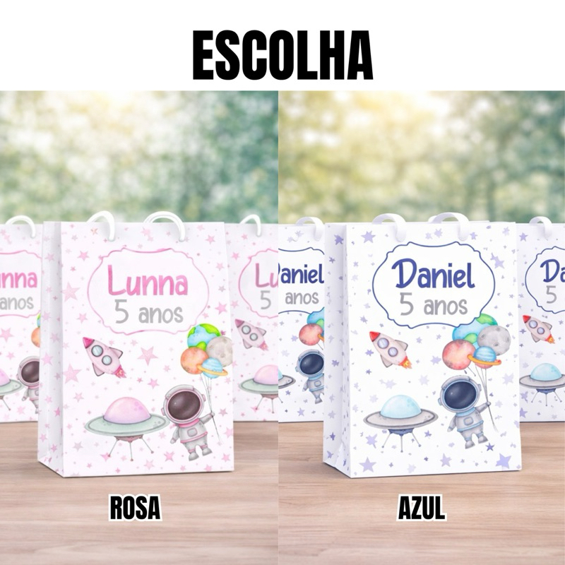 Sacolinha Personalizada Lembrancinha Festa Aniversário Pegue e Monte - Astronauta Rosa Menina Astronauta Azul Menino