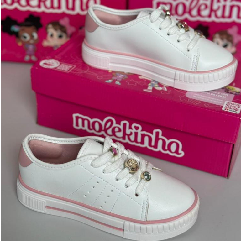 Tênis Molekinha Branco Infantil com Detalhe Rosa Moda Menina