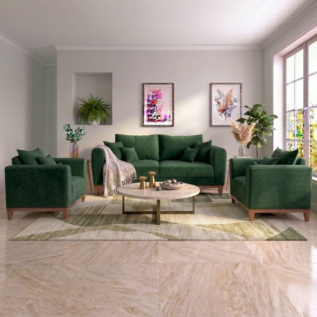 Kit Sofá 3 Lugares e Poltronas Sala de Estar Beny Suede Verde Madeira Estofados