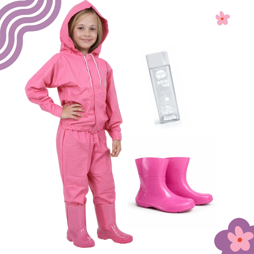 Kit Capa de Chuva Impermeável Pvc e Bota Galocha Infantil Menina Kids