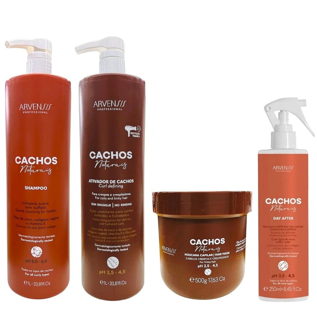 Kit Arvensis Cachos - Shampoo 1L + Ativador De Cachos Crespos 1L + Máscara Crespos 500g +  Day After 250ml