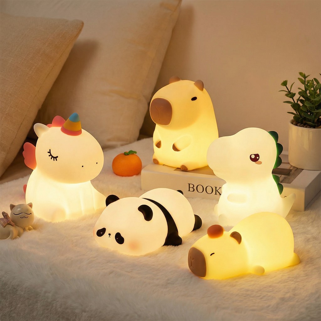 Luminária LED Abajur Fofo de Silicone Touch Toque USB Recarregável Unicórnio Capivara Panda