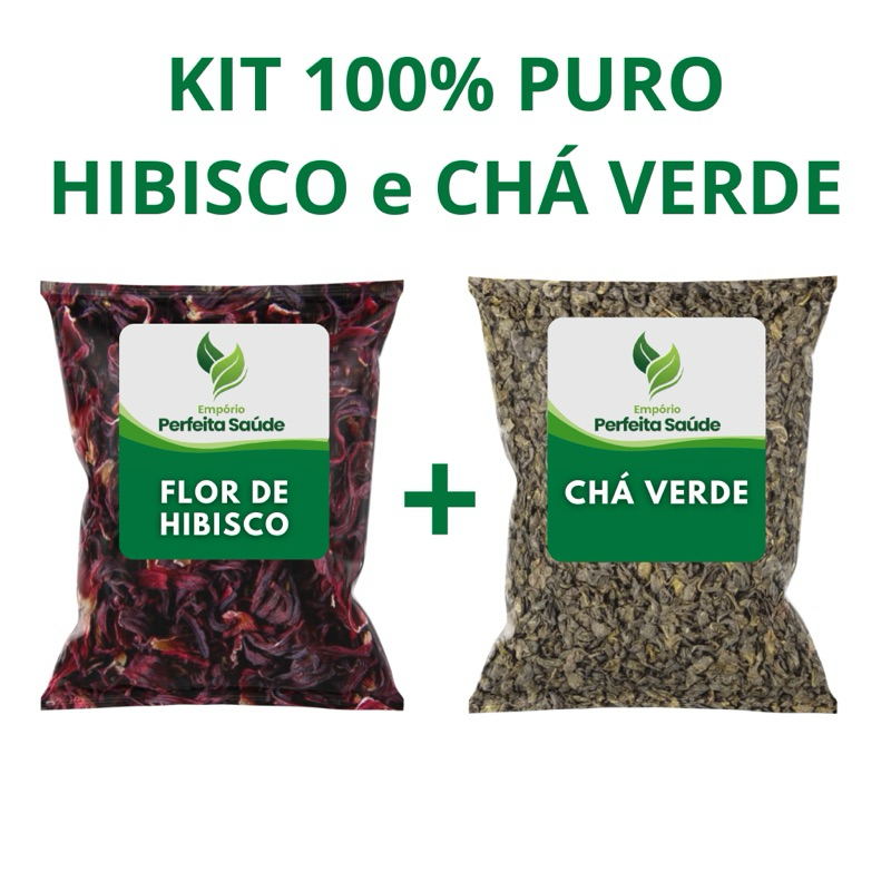 Kit Hibisco e Cha Verde 100% Puro Natural Termogênico Detox Diurético