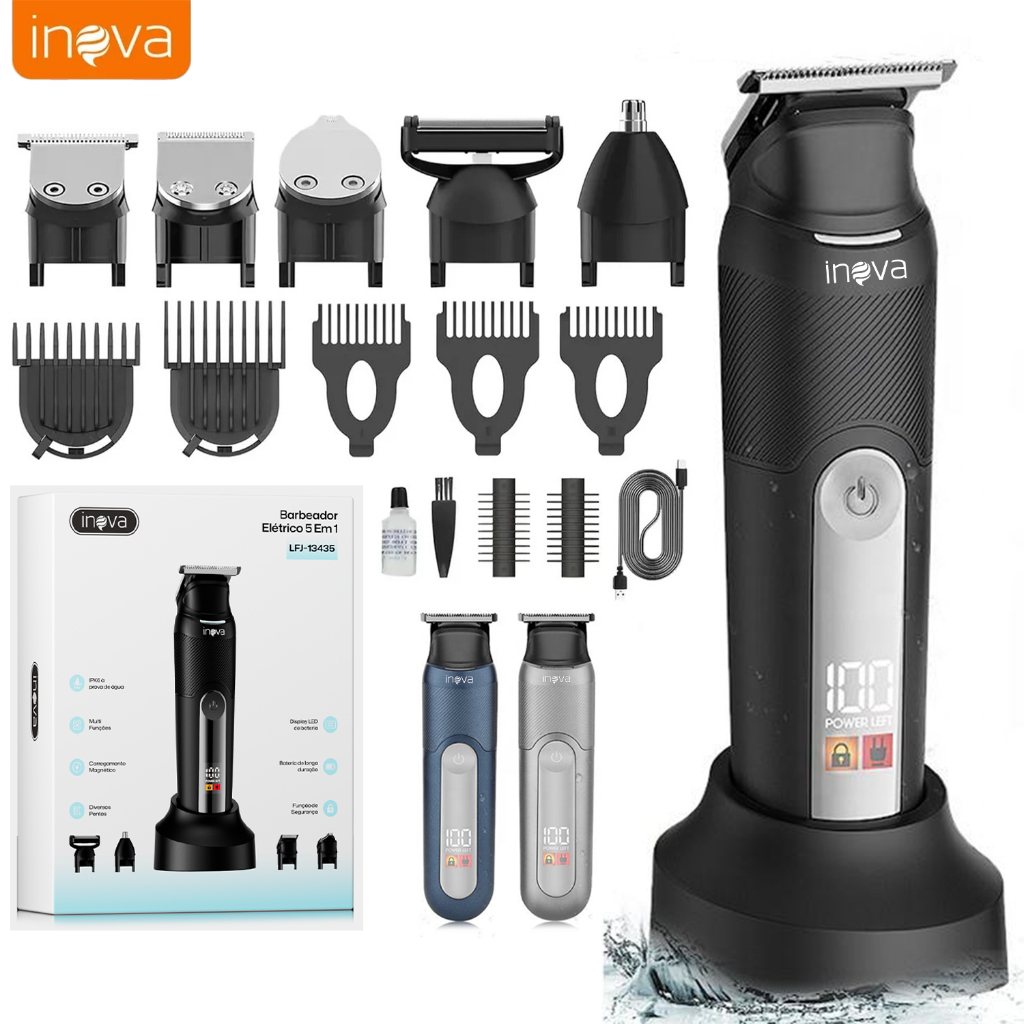 Aparador de Pelos Inova 5 em 1 Premium: Máquina de Cabelo e Barba Profissional, Display Digital, Bateria Recarregável
