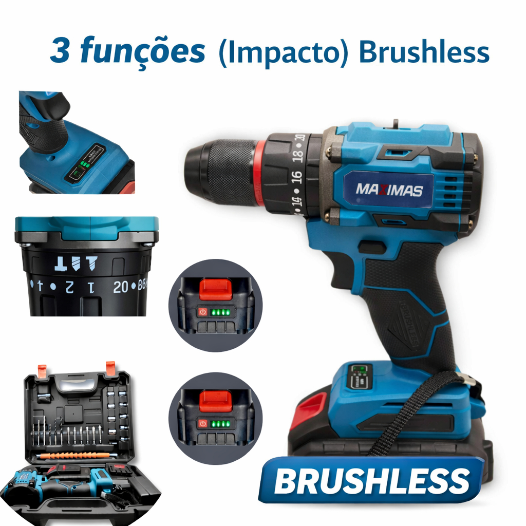 Parafusadeira Furadeira de Impacto Brushless 21V 3 Funções, 2 Baterias com Display, Luz LED e Maleta em Oferta na Shopee