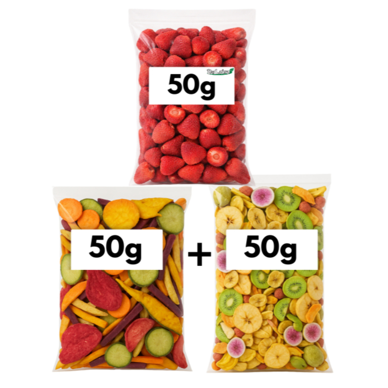 Morango Liofilizado + Mix de Frutas Tropicais + Mix de Vegetais Crocantes – 50g CADA
