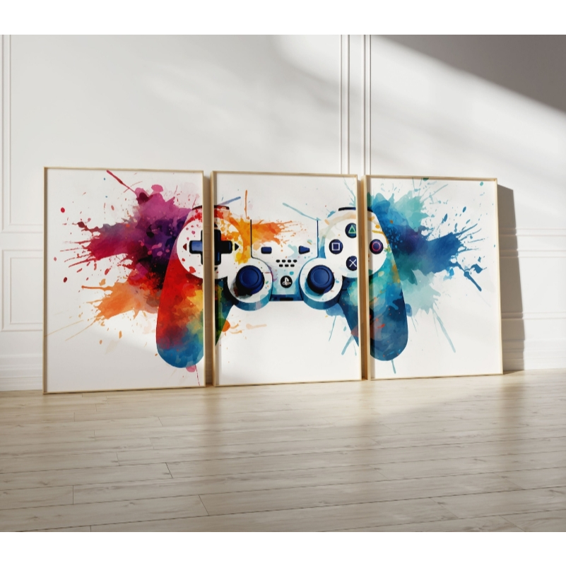 Quadro gamer videogame controle manete lindo grande 3 peças quarto sala