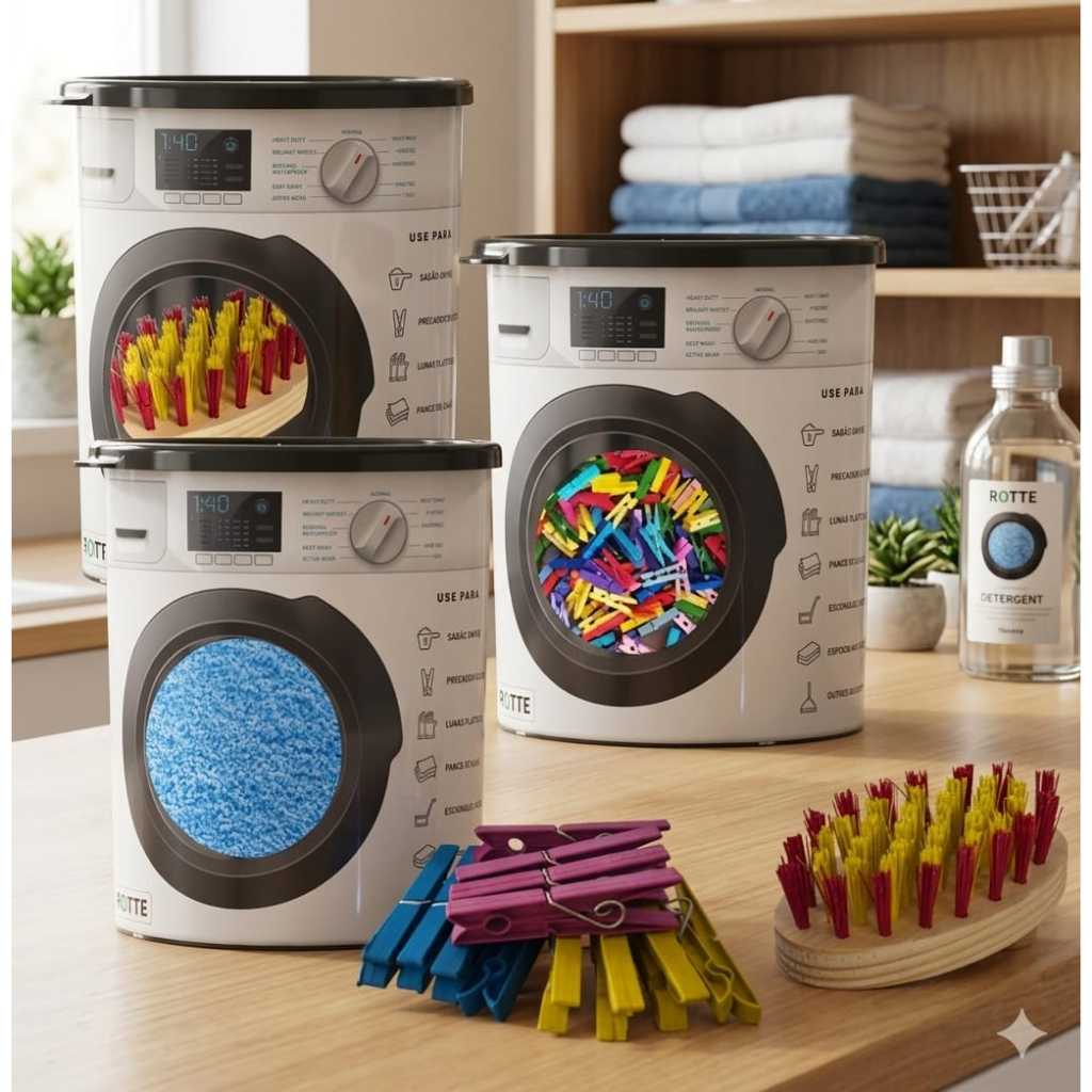 Kit 3 Porta Sabão em Pó com Tampa Hermética + Prendedores e Escova de Lavar Roupas