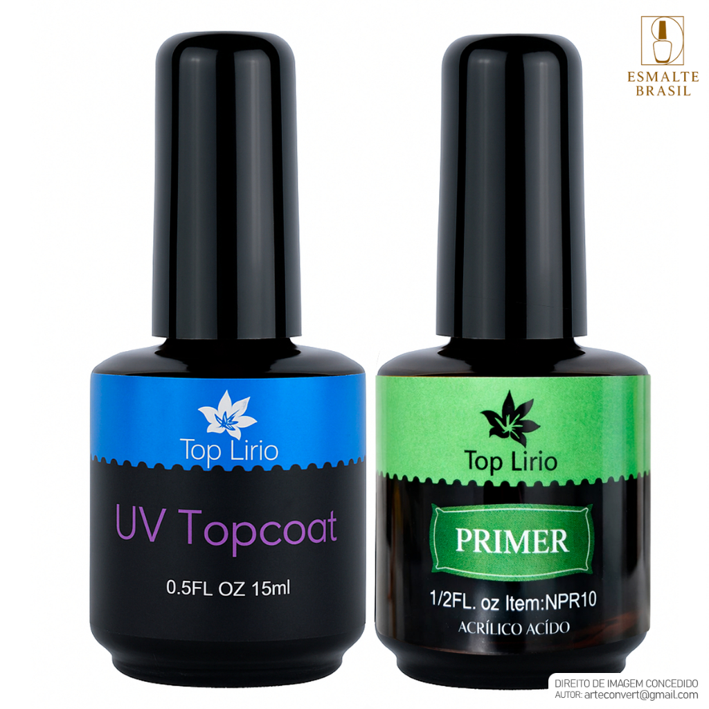 Kit Topcoat + Primer Lirio 15ml Iniciante Manicure LED UV Unhas Top coat