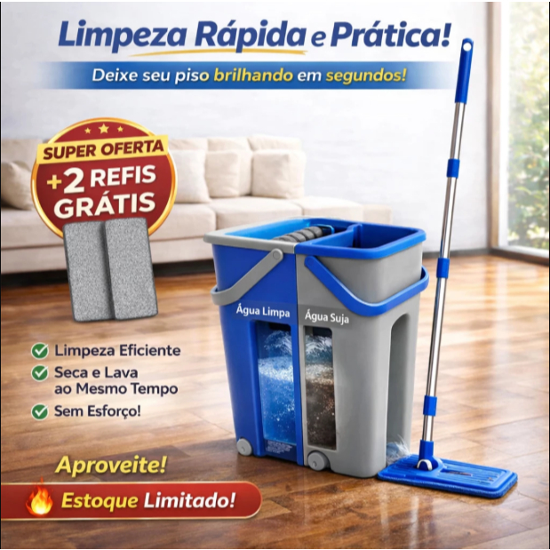 Flat Mop 2 Refis Esfregão 5 Litros C/ Balde Cabo Inox Extensível Girátorio Rodo Mágico Lava Seca