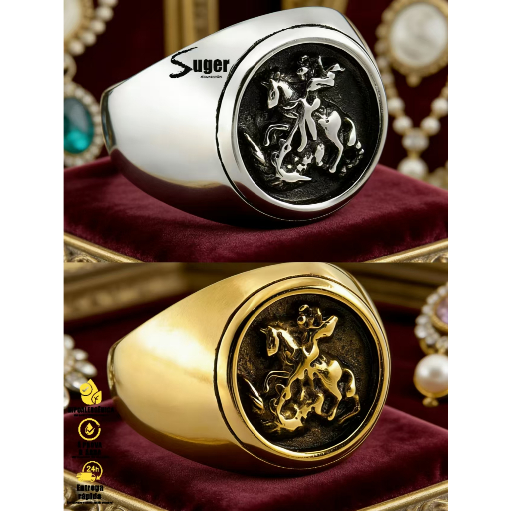 Anel vintage com a imagem de São Jorge a cavalo - um acessório masculino sofisticado e exclusivo.