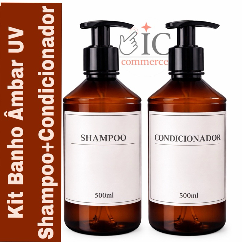 Dispenser Banheiro Kit 2 Frascos 500ml Âmbar Proteção UV Shampoo e Condicionador Premium Pump Luxo