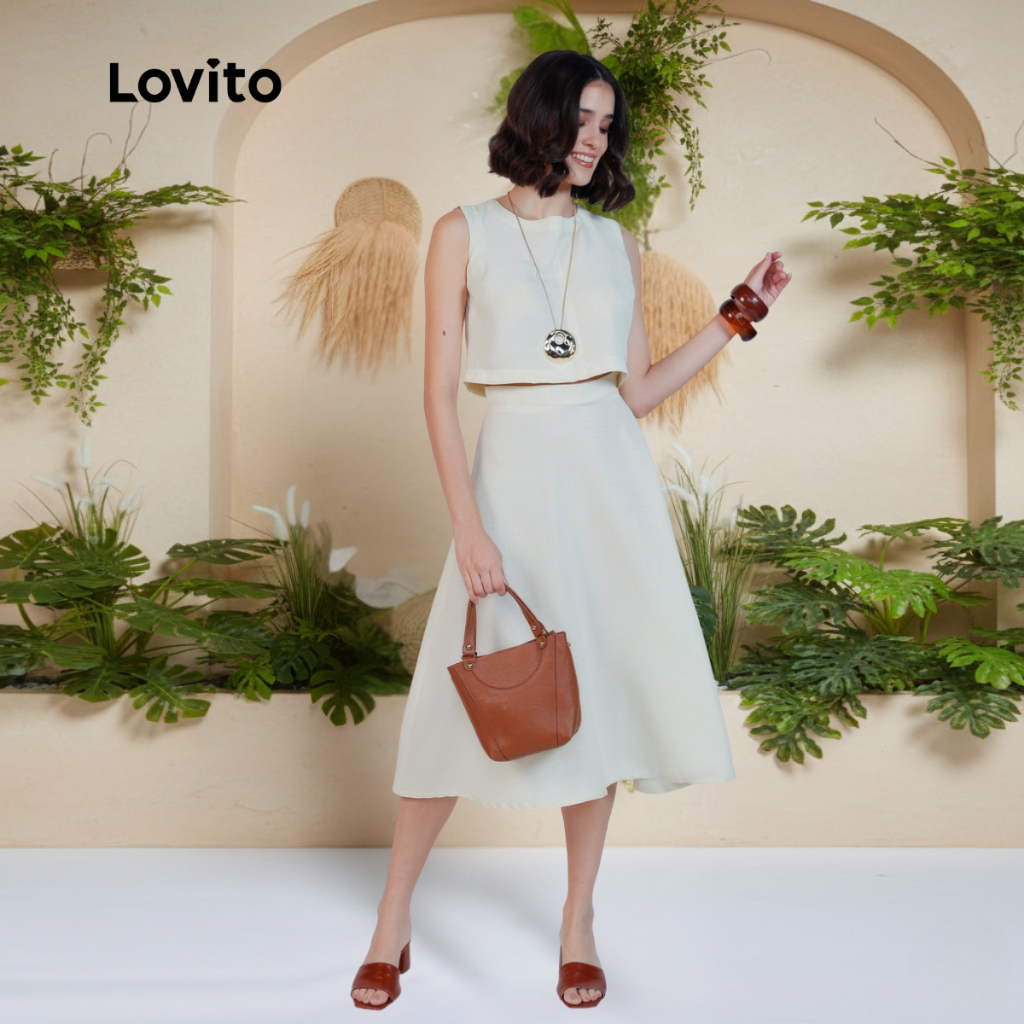 Lovito Conjunto Linho Moda Elegante Liso de Saia para Mulheres KSB679BRL709 em Oferta na Shopee