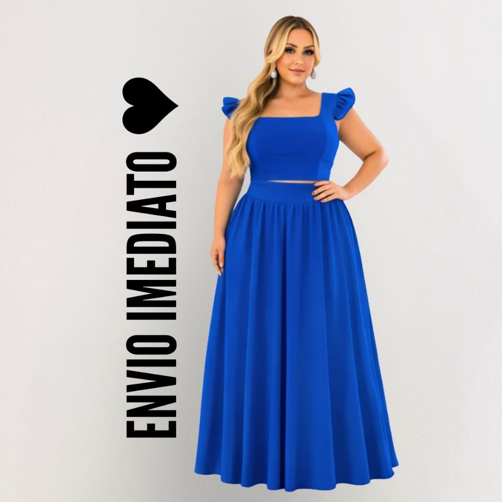 Conjunto plus size moda maior de saia godê longa e cropped de alça babado tecido crepe dunas cores e estampas variadas.