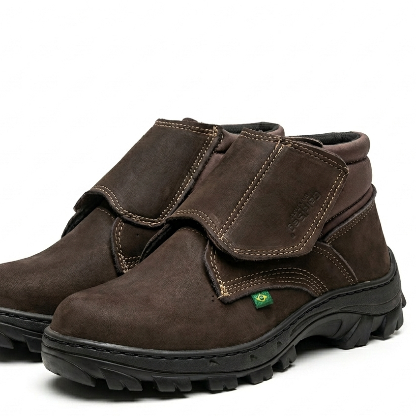 Botina Bota Profissional em Couro Legítimo com Velcro Reforçada e Confortável para Trabalho Resistente