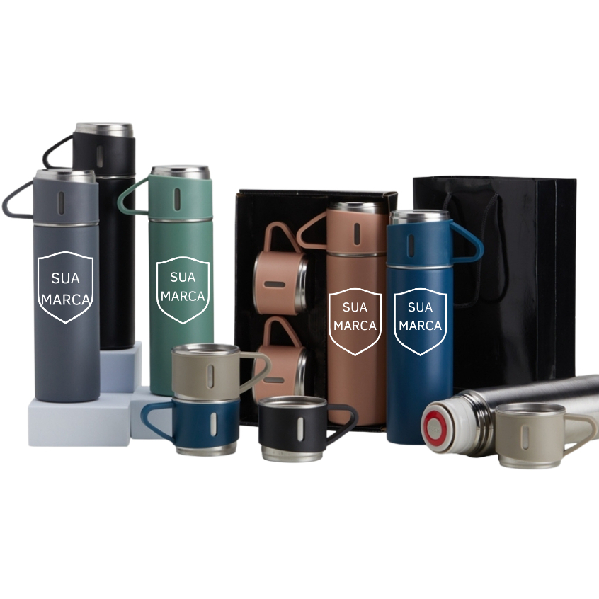 50 Kit Garrafa + 3 Canecas Térmicas Personalizado O kit ideal para brindes corporativos, campanhas, eventos e presente