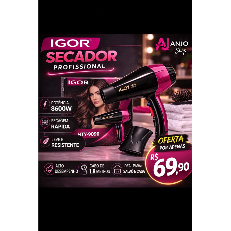Secador De Cabelo 110 Profissional IGOR 8600W Potente Secagem Rápida Salão E Casa