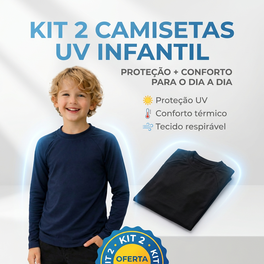 Kit Com 2 Peças Camisa UV Infantil Manga Longa Sem Pelucia Térmica Blusa de Proteção Solar UV50