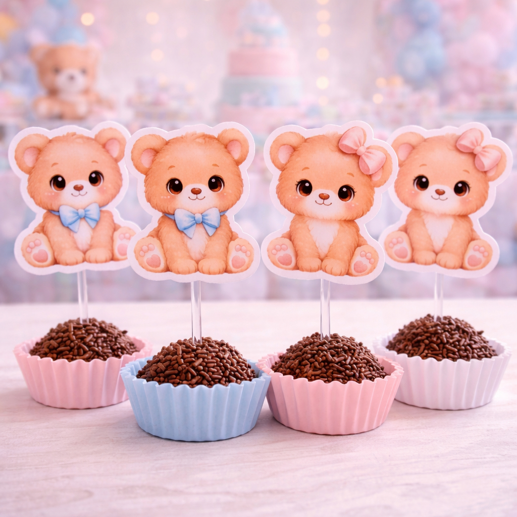 Envio em 24h - Kit com 30 Toppers Tag Docinhos Chá de Bebê Ursinhos - Festa Menino e Menina Lembrancinha Chá Revelação