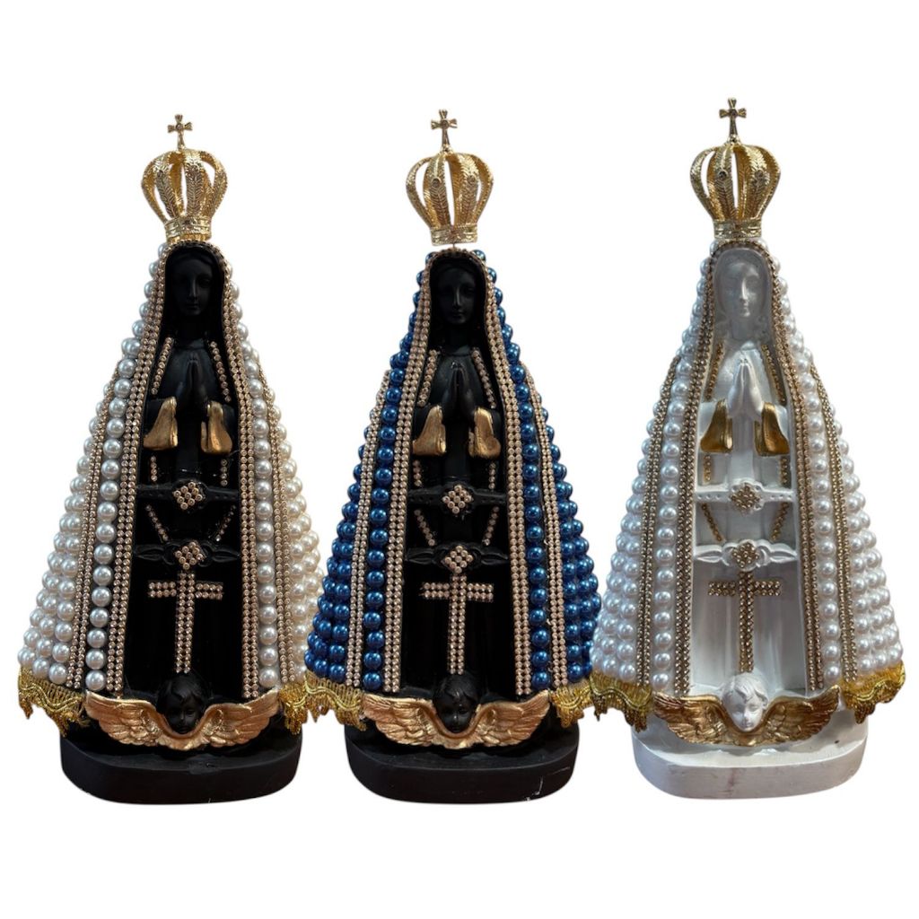Nossa Senhora Aparecida 30 cm Gesso Manto Pérolas Strass Imagem Católica Luxo Decoração Religiosa Presente Fé