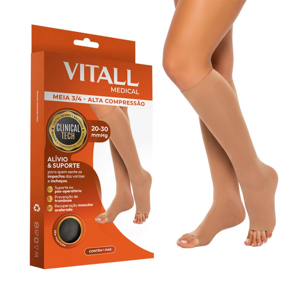Meia 3/4 Vitall Medical Sem Ponteira Alta Compressão 20-30 mmHg