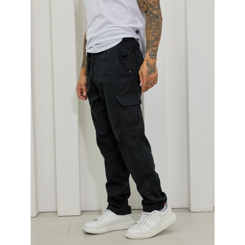 Calça Cargo Masculina Casual Com Bolsos Laterais Estilo Urbano Preto