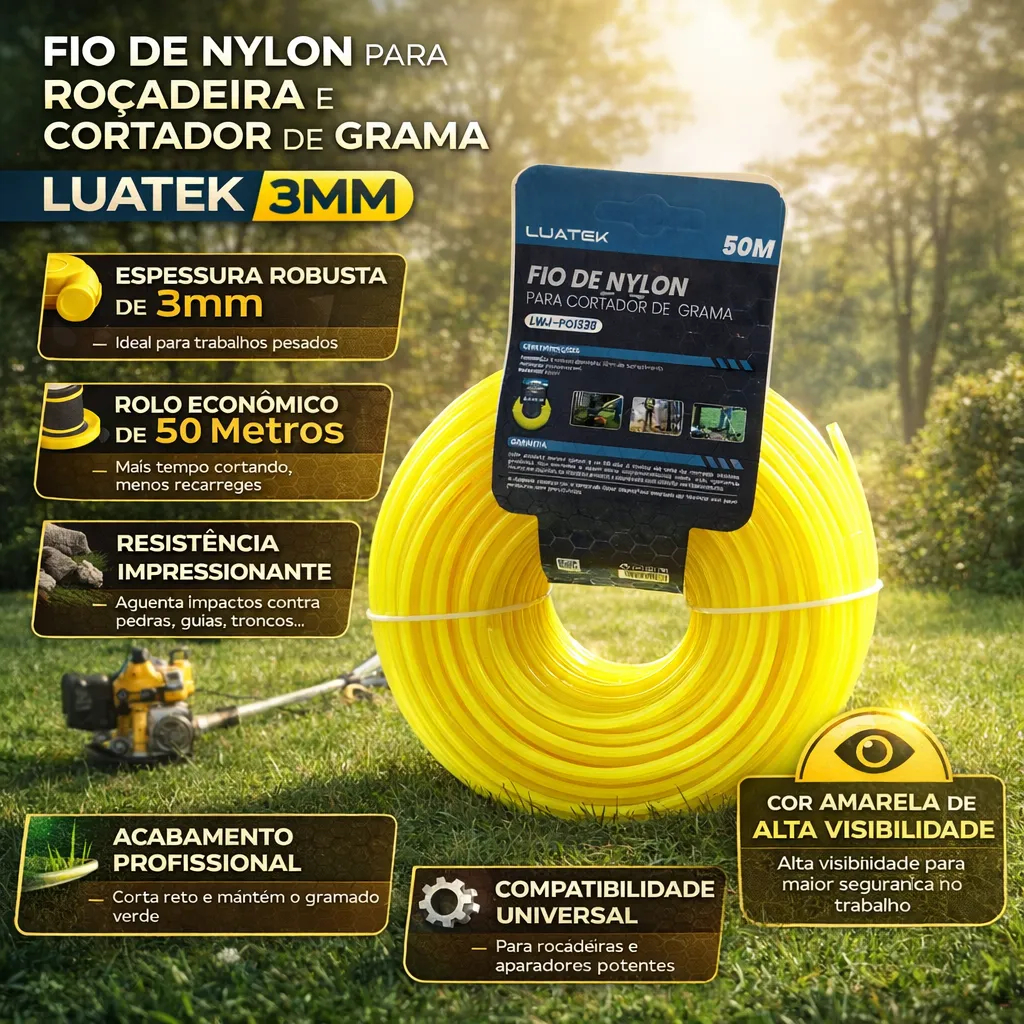 Fio De Nylon  Arredondado Luatek 2.4/3.0MM 15/50M Para Cortador De Grama em Oferta na Shopee