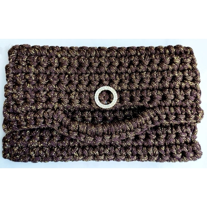 Bolsa de Crochê Feminina Luxo Clutch Artesanal Carteira Luxo Marrom com Brilho Pequena Elegante Festa Exclusiva