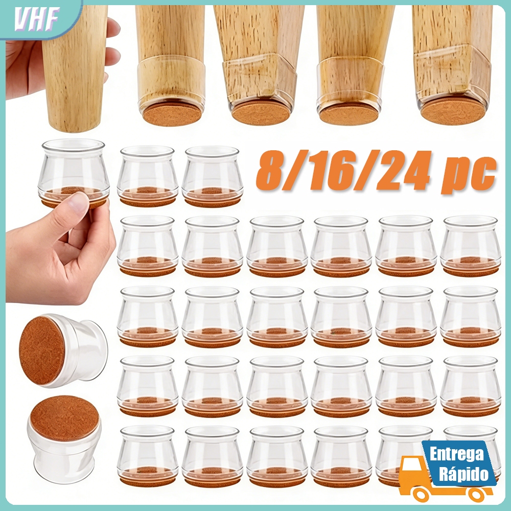 Kit 24 Peças Protetor Silicone para Pés de Cadeira e Mesa com Feltro Redondo e Quadrado