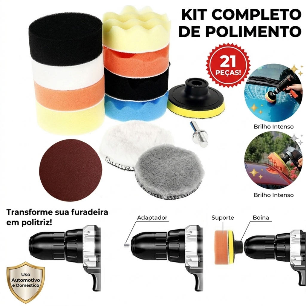Kit Boina Polimento Automotivo Para Furadeira M10 21 Peças