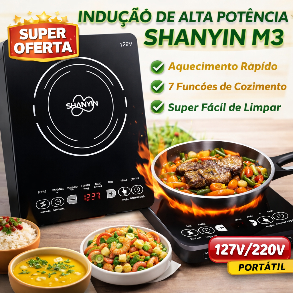 Fogão de Indução 1 Boca Portátil com Timer Touch 2000W Aquecimento Rápido 127V 220V