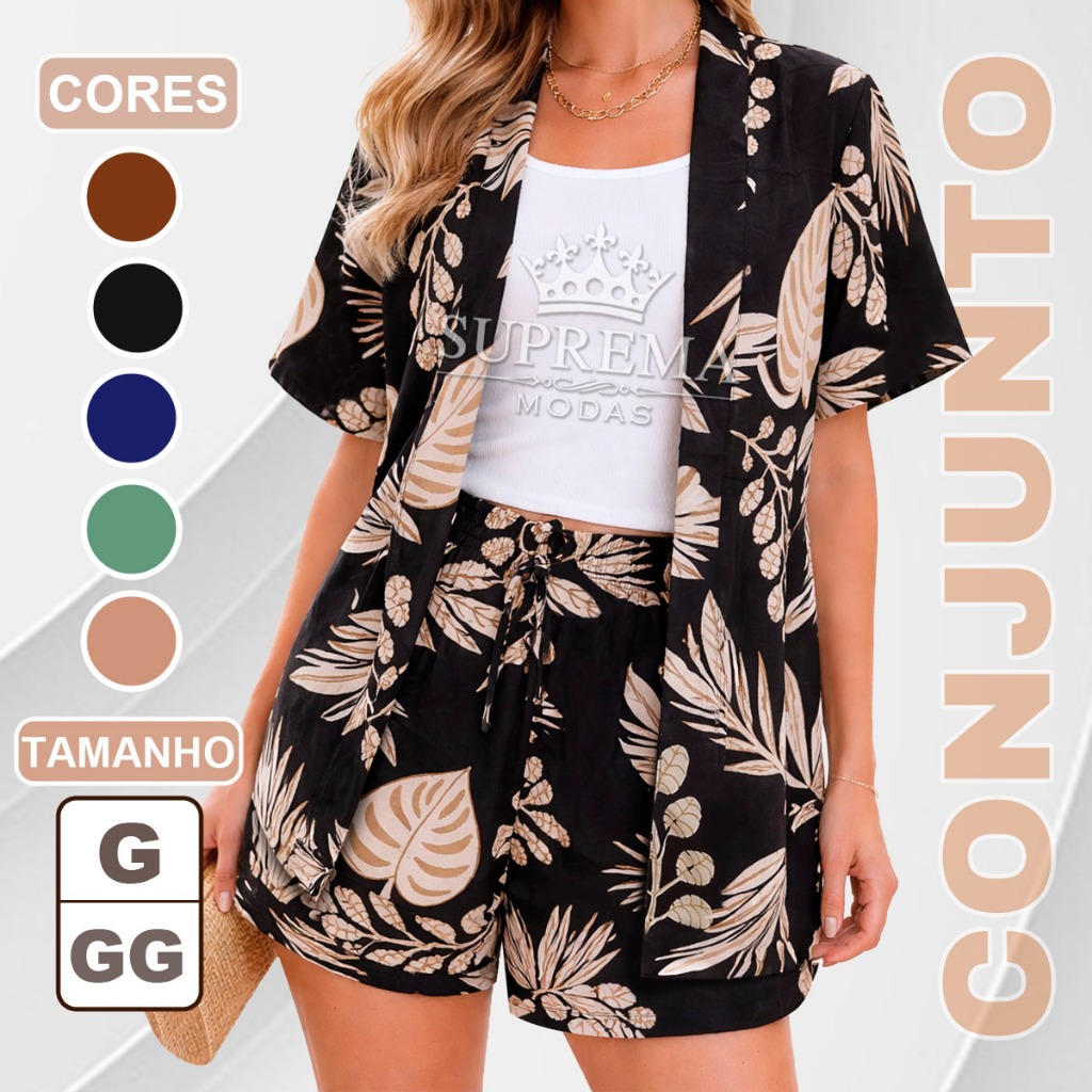 Conjunto Femenino, Kimono + Short, 2 Peças, Manga Curta, Look Verão Elegante Casual Moda 2026 em Oferta na Shopee