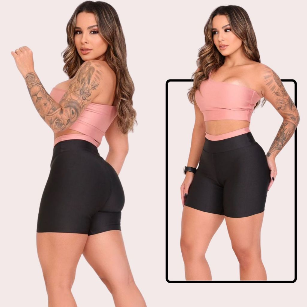 Conjunto Bicolor  Top e Bermuda Academia Suplex Cintura Alta Efeito modelador