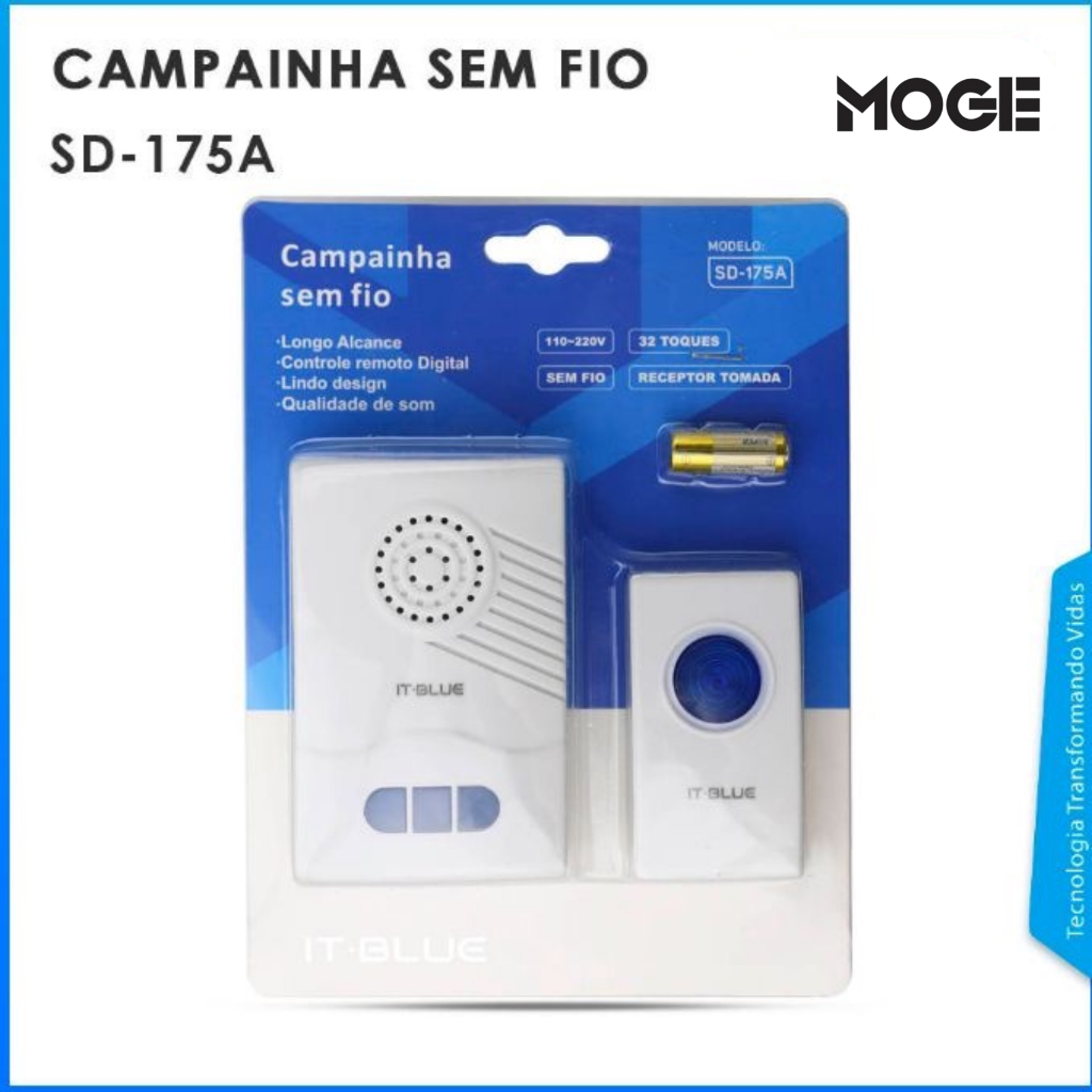 Campainha Sem Fio 32 Toques | Alcance até 100m | LED Colorido | Bivolt | It Blue