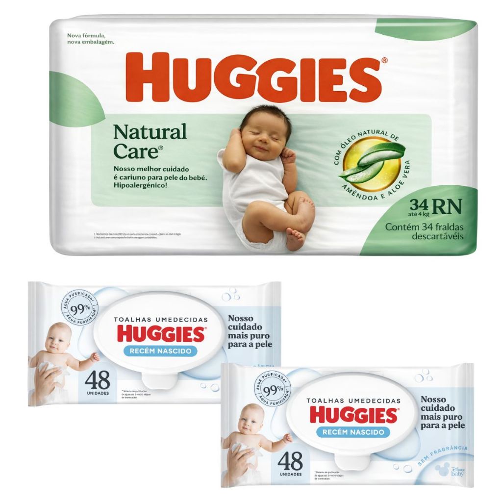 Kit Fralda 34un + 2 Lenços Umedecidos Huggies 96un - Rn em Oferta na Shopee