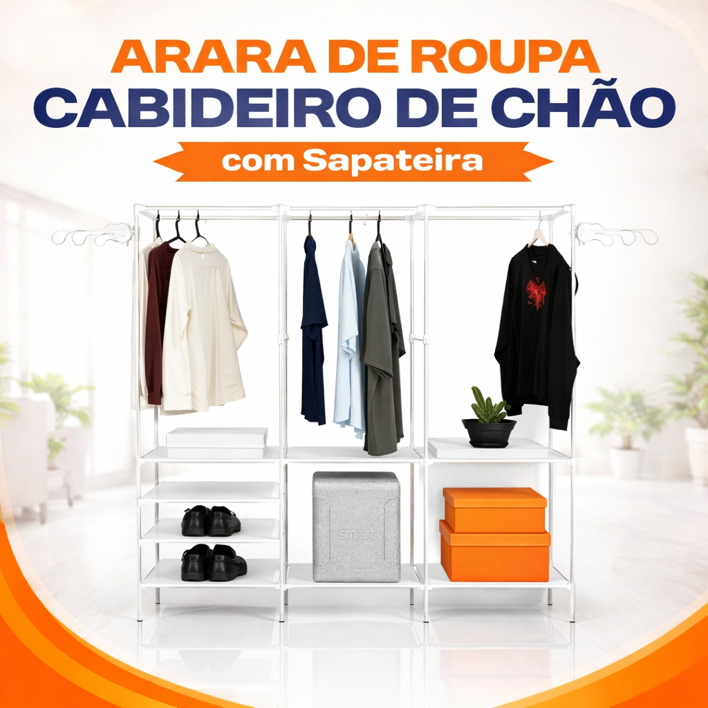 Arara de Roupas de Chão Grande Branca ou Preta com Sapateira Cabideiro Organizador Multiuso em Aço Inox em Oferta na Shopee
