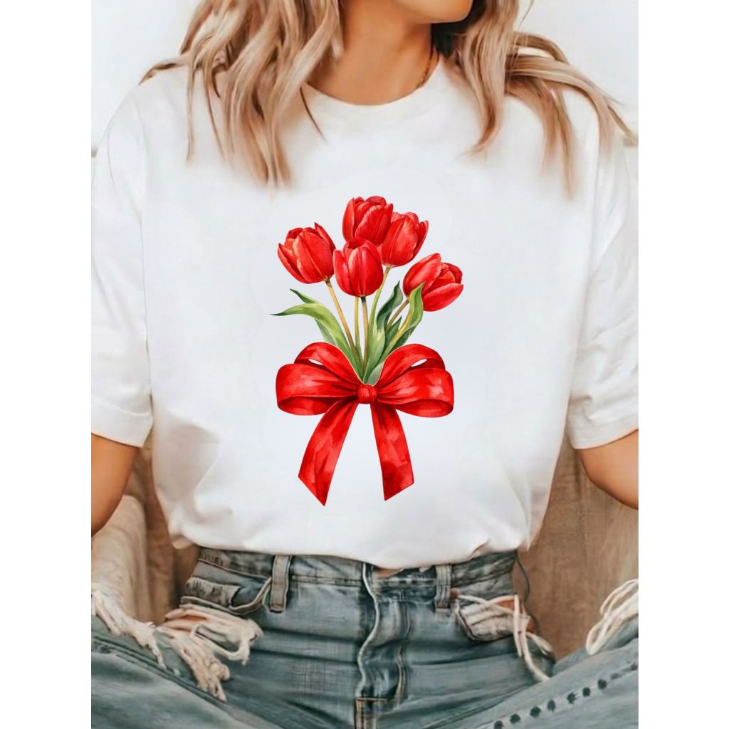 Blusa T-Shirt Feminina Camiseta Básica Algodão Estampada Tulipa Lançamento Mais Barato