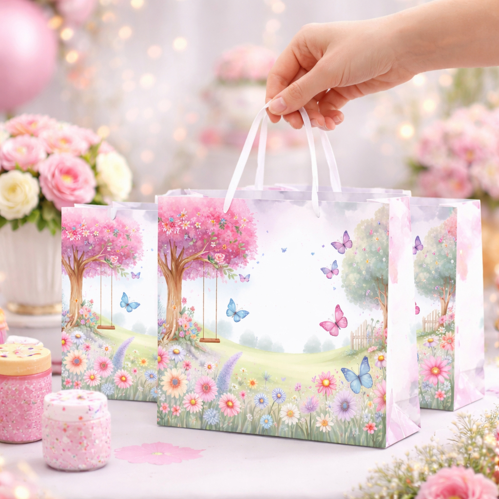 Sacolinha Jardim das Borboletas Personalizada 20x14x5cm | Sacola Festa Infantil Luxo | Lembrancinha Jardim Encantado
