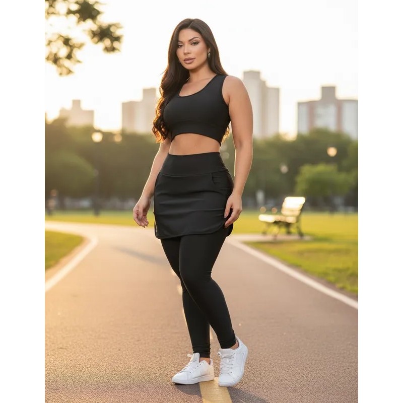 Conjunto Legging saia Top bolso Feminino Moda Evangélica Fitness Academia Caminhada Tênis Azul Preto