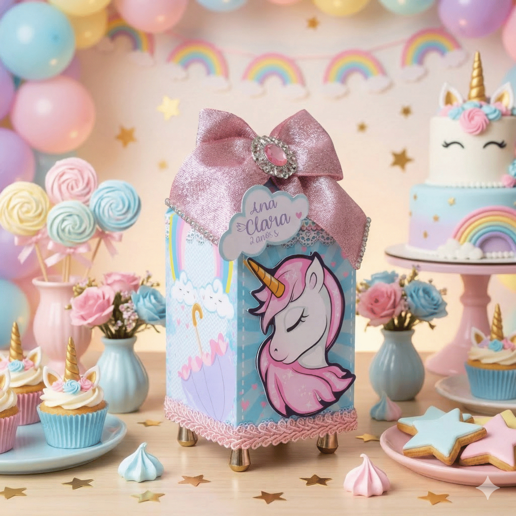 Caixa Milk Unicórnio Personalizada Lembrancinha Festa Unicórnio Infantil Aniversário Mesversário 3D