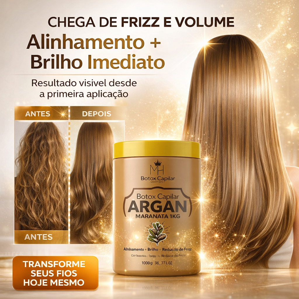 Botox Capilar Argan Maranata 1Kg Sem Formol Alinhamento Capilar Brilho e Redução de Frizz
