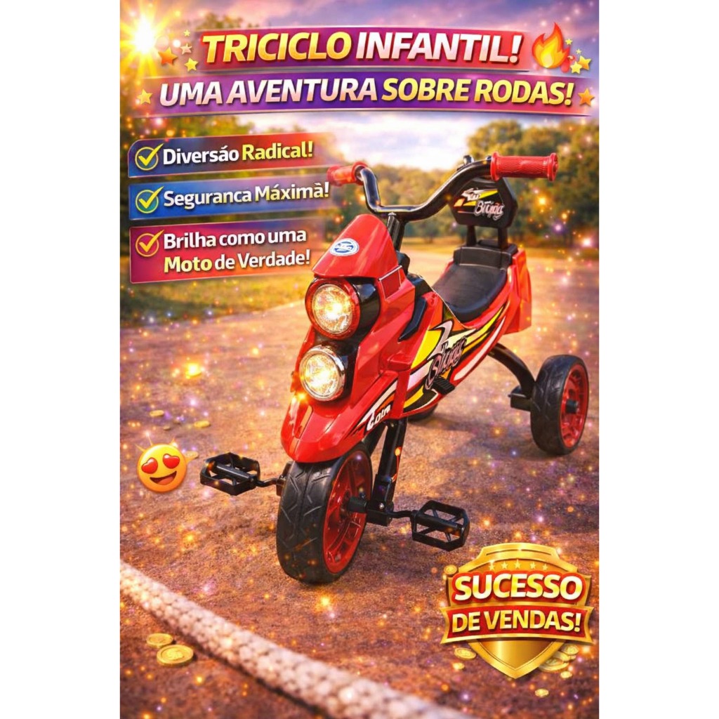 Triciclo Infantil Motorizado Estilo Moto Vermelho Passeio Seguro Conforto Durabilidade