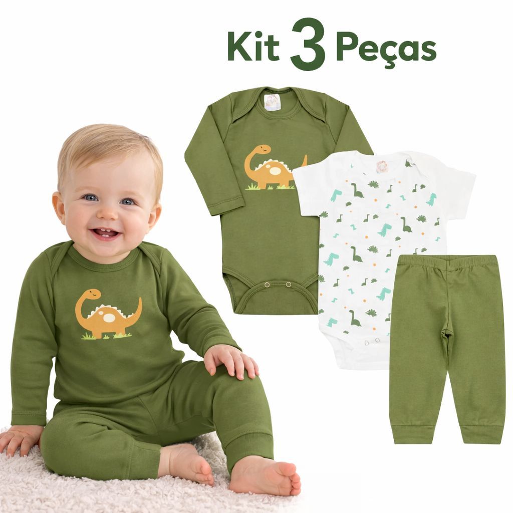 Kit Body Roupa para Bebê Kit 3 Peças Longo Menino Inverno/Verão Dino Verde Elegante