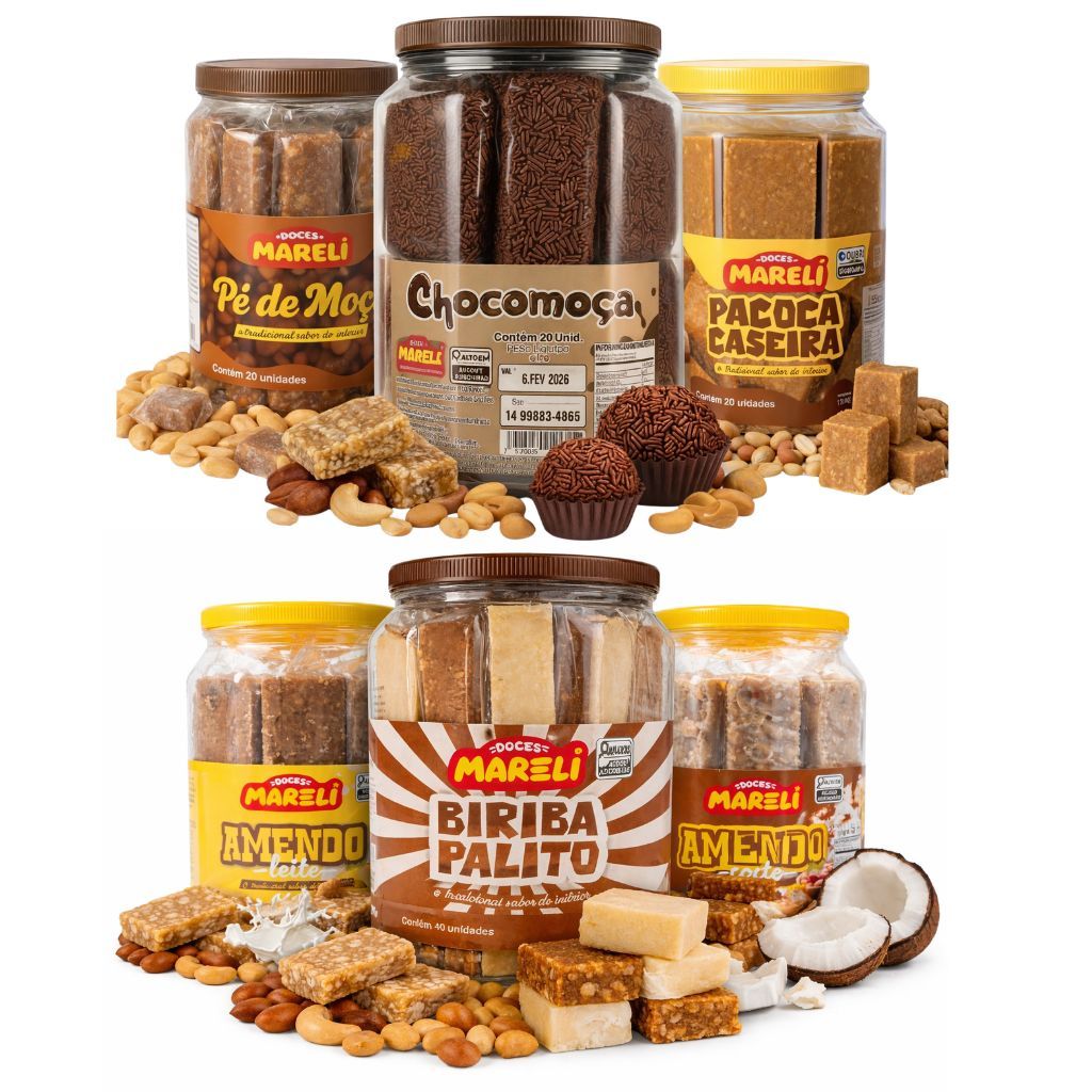 Kit 6 Doces Amendoim Pé de Moça Chocomoça Paçoca Caseira Gibi Biriba Coco Leite Festas Aniversario