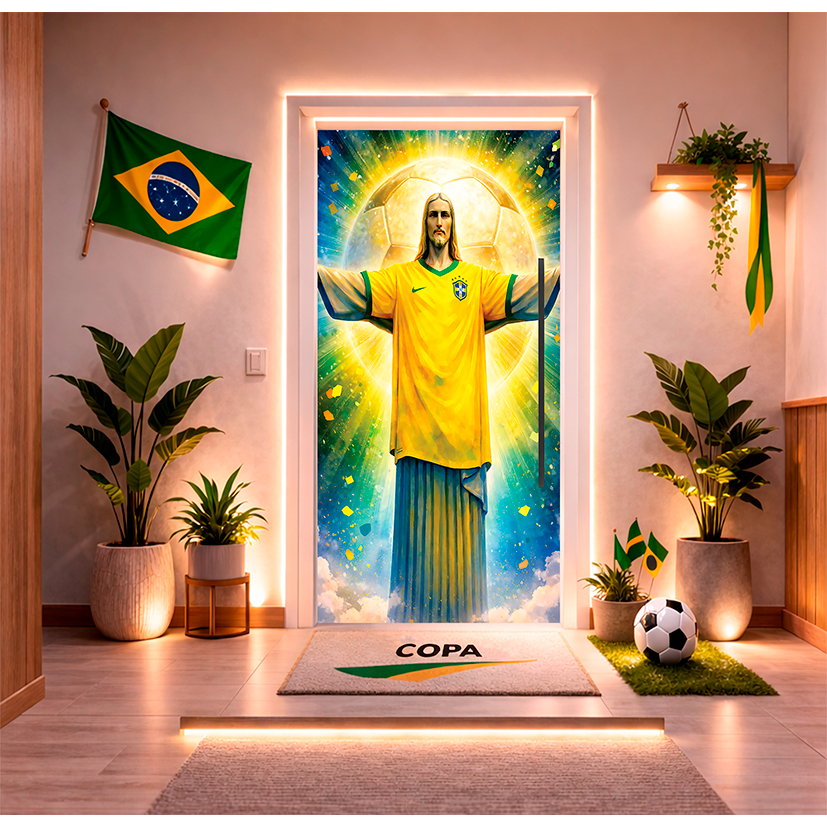Capa De Porta Tecido C/ Elástico Decoração Copa Brasil Estampa Cristo Redentor Brasileiro