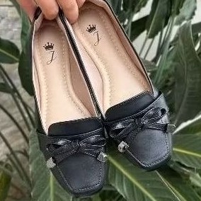 Mocassim Feminino Bico Quadrado Preto Lacinho Sapato Casual Sandalia Rasteirinha Feminina