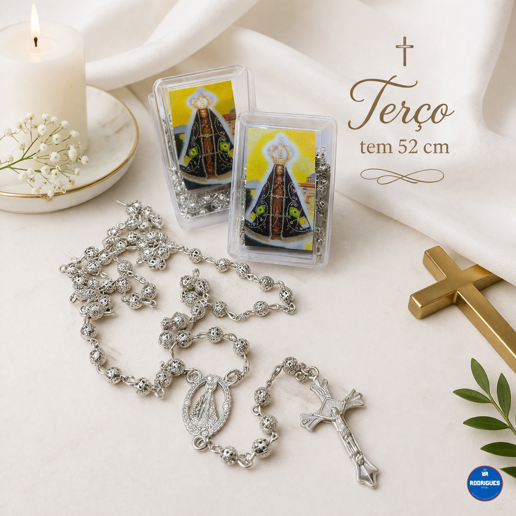 Terço Nossa Senhora Aparecida 52cm com Caixinha – Terço Prata Elegante | Presente Religioso